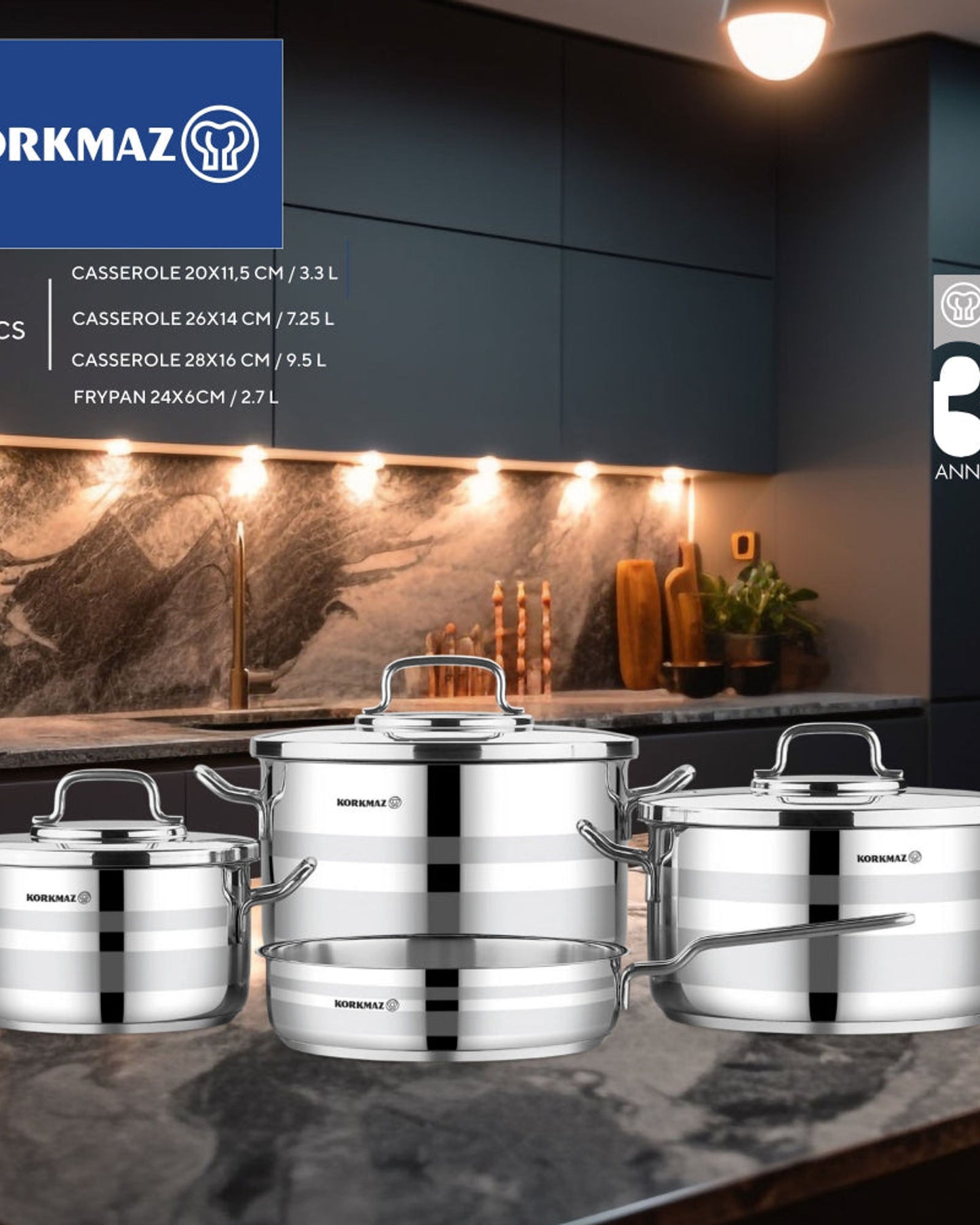 طقم أواني طهي كوركماز أسترون 7 قطع مناسب للطهي بالحث