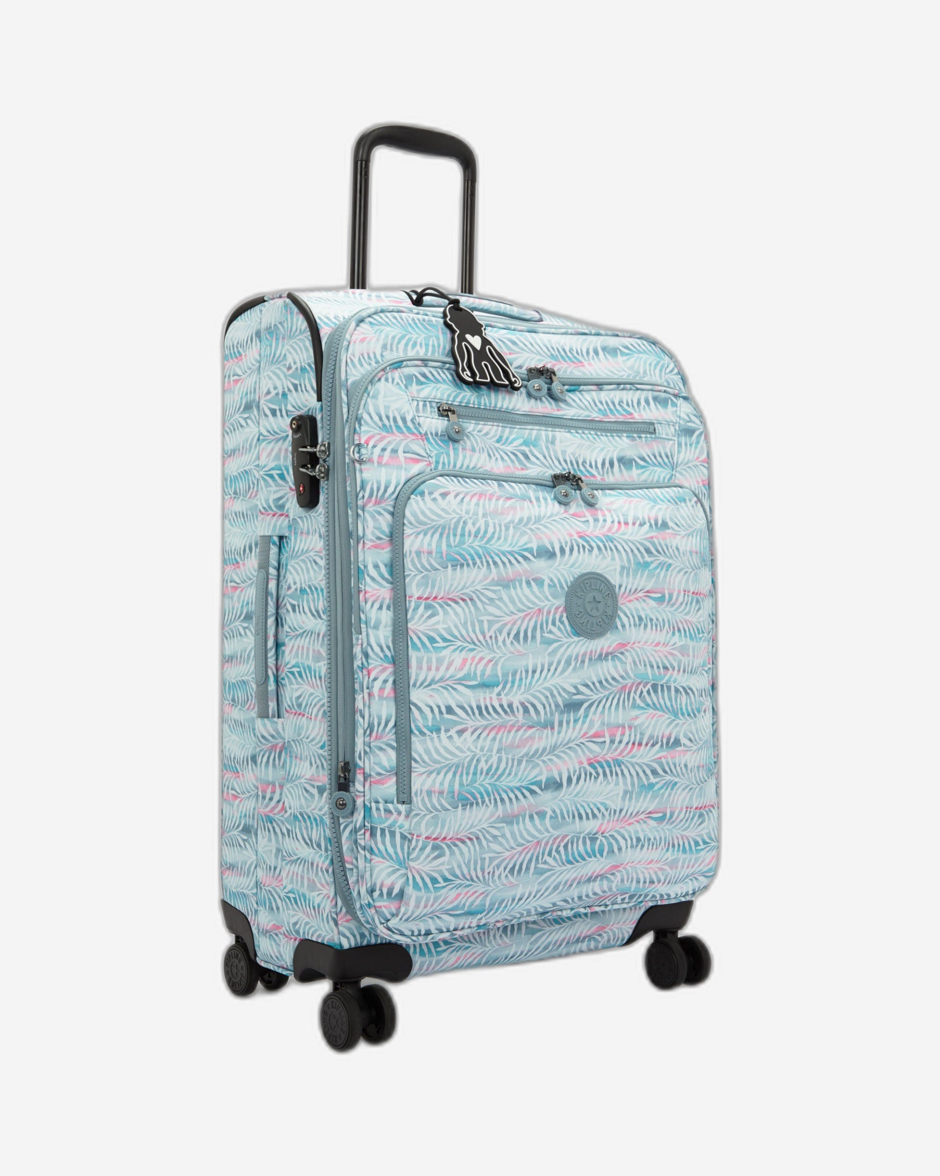 حقيبة سفر Kipling New Youri Spin M متوسطة الحجم قابلة للتمدد بعجلات I7788-3QN بنقشة أوراق النخيل