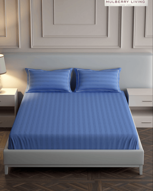 Mulberry Living Cotton Queen Fitted 300TC Elysian Stripes أزرق متوسطي