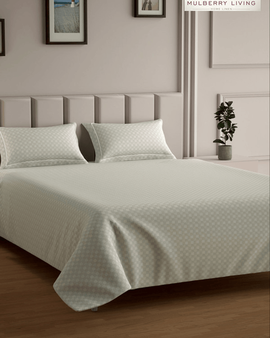 غطاء سرير مسطح كوين من Mulberry Living Cotton بنسيج 300 Urban Grid Ivory