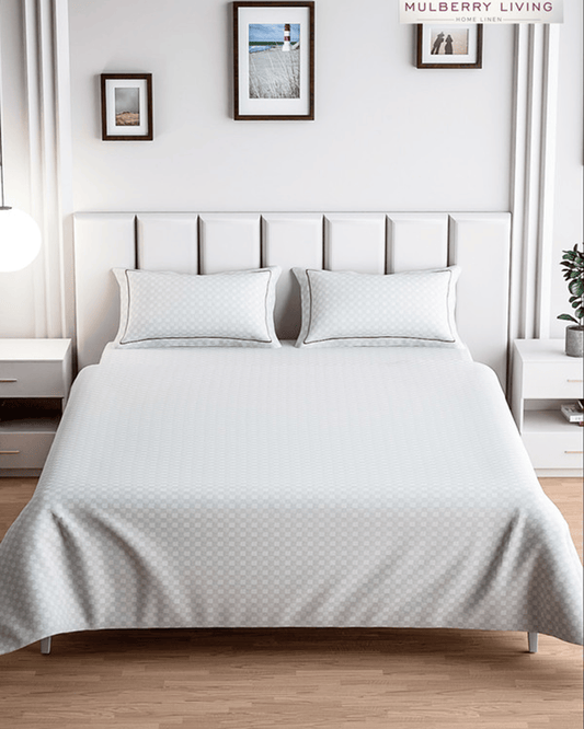 ملاية ملائمة كوين قطن Mulberry Living بتصميم شبكي عصري باللون الأبيض 300TC