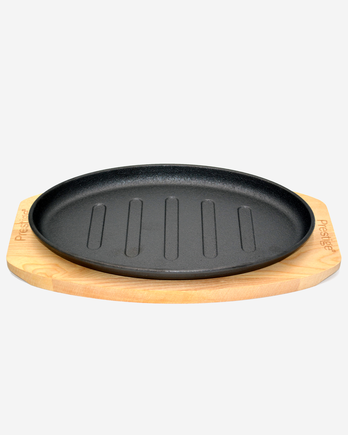 Prestige Cast Iron Sizzler Pan 26cm Pre-Seasoned Black Wooden Base