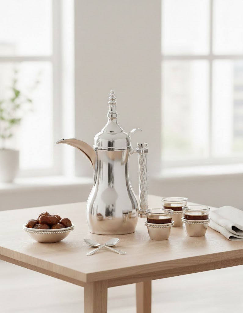 كوب قهوة عربي مطلي بالفضة من بانتازلوس سير، غير لامع، بحافة مطلية بالفضة، ومقبض لامع ملتوي