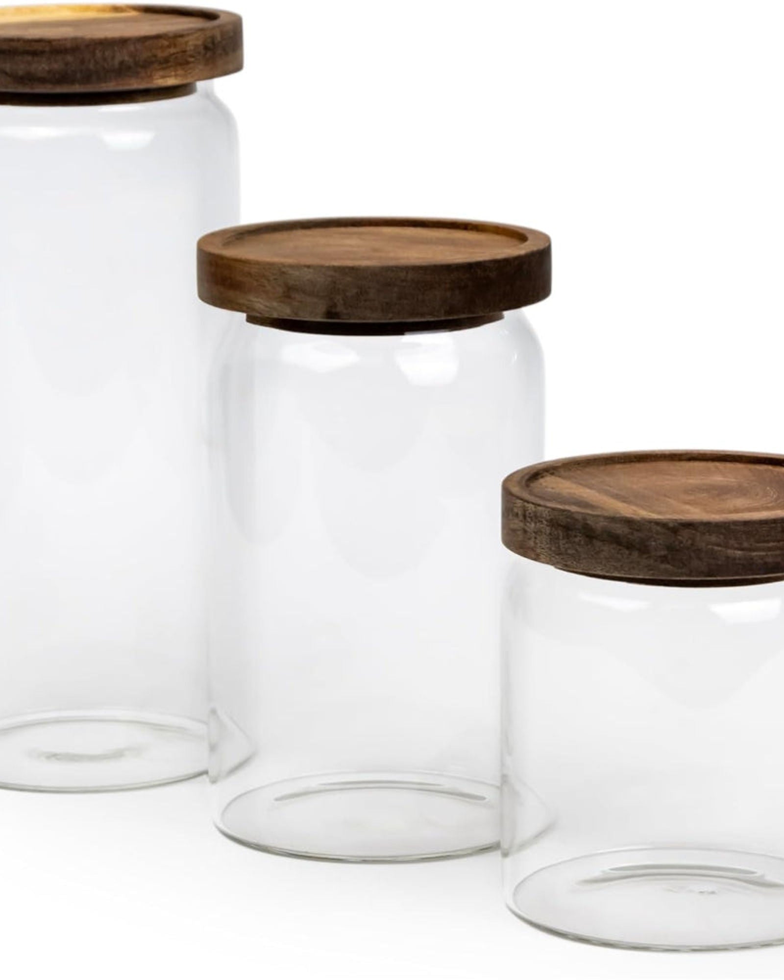 أوعية تخزين زجاجية دائرية من كويزين آرت بأغطية من خشب الأكاسيا - مجموعة من 3 أوعية زجاجية شفافة محكمة الغلق من البورسليكات، قابلة للتكديس لتخزين أطعمة المطبخ والحبوب وحبوب البن والشاي 500+750+1000 مل