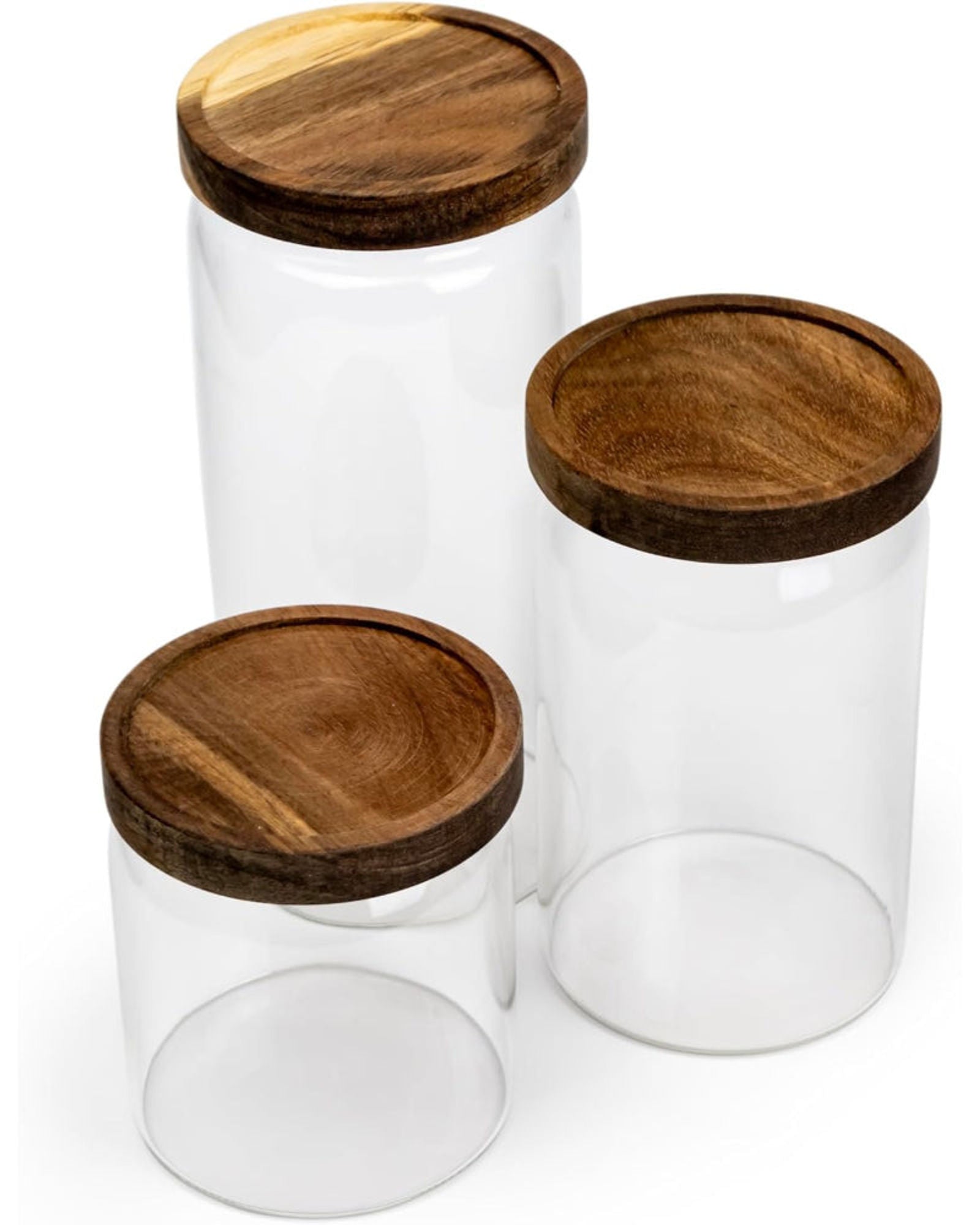 أوعية تخزين زجاجية دائرية من كويزين آرت بأغطية من خشب الأكاسيا - مجموعة من 3 أوعية زجاجية شفافة محكمة الغلق من البورسليكات، قابلة للتكديس لتخزين أطعمة المطبخ والحبوب وحبوب البن والشاي 500+750+1000 مل