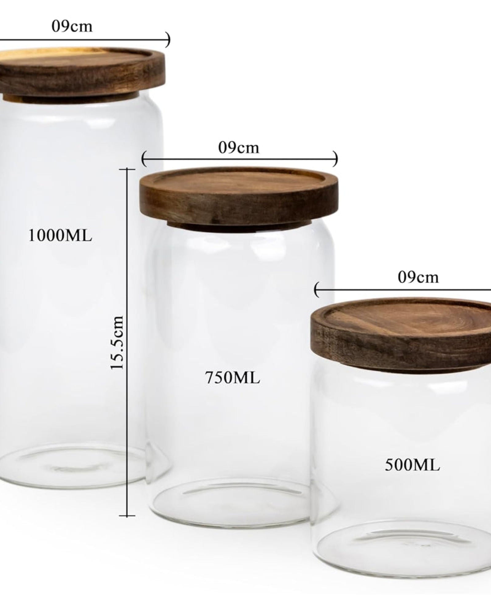 أوعية تخزين زجاجية دائرية من كويزين آرت بأغطية من خشب الأكاسيا - مجموعة من 3 أوعية زجاجية شفافة محكمة الغلق من البورسليكات، قابلة للتكديس لتخزين أطعمة المطبخ والحبوب وحبوب البن والشاي 500+750+1000 مل