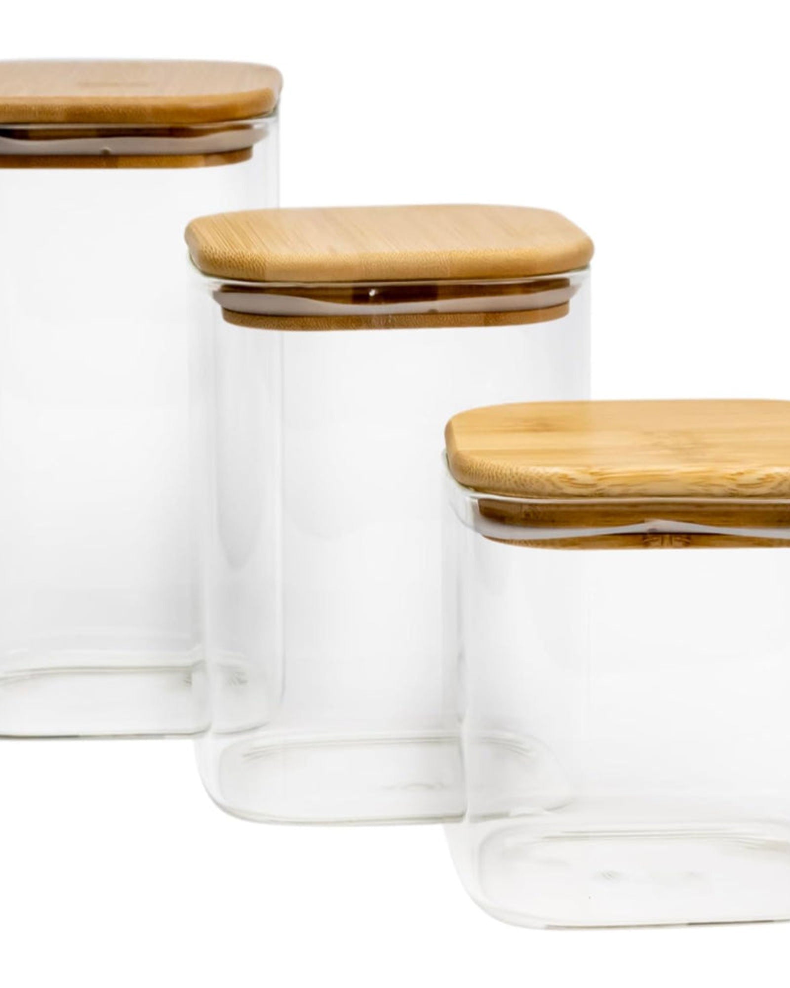 أوعية تخزين زجاجية مربعة من كويزين آرت بأغطية من خشب الخيزران - مجموعة من 3 أوعية زجاجية شفافة محكمة الغلق من البورسليكات، لتخزين أطعمة المطبخ والحبوب وحبوب البن والشاي، 650+1020+1300 مل