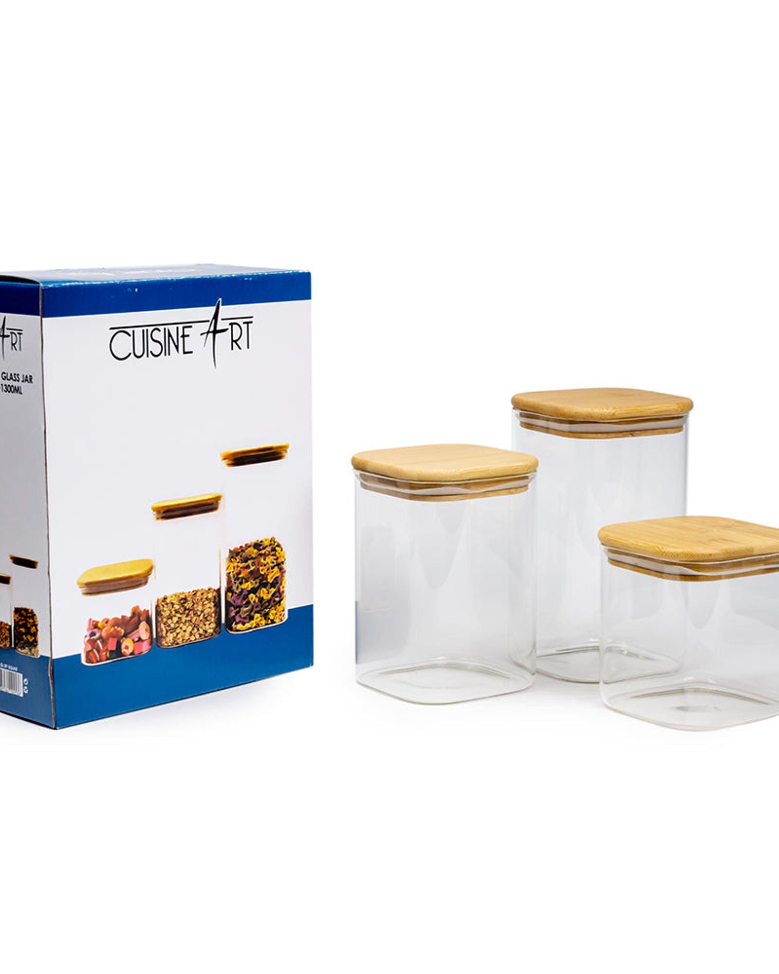 أوعية تخزين زجاجية مربعة من كويزين آرت بأغطية من خشب الخيزران - مجموعة من 3 أوعية زجاجية شفافة محكمة الغلق من البورسليكات، لتخزين أطعمة المطبخ والحبوب وحبوب البن والشاي، 650+1020+1300 مل