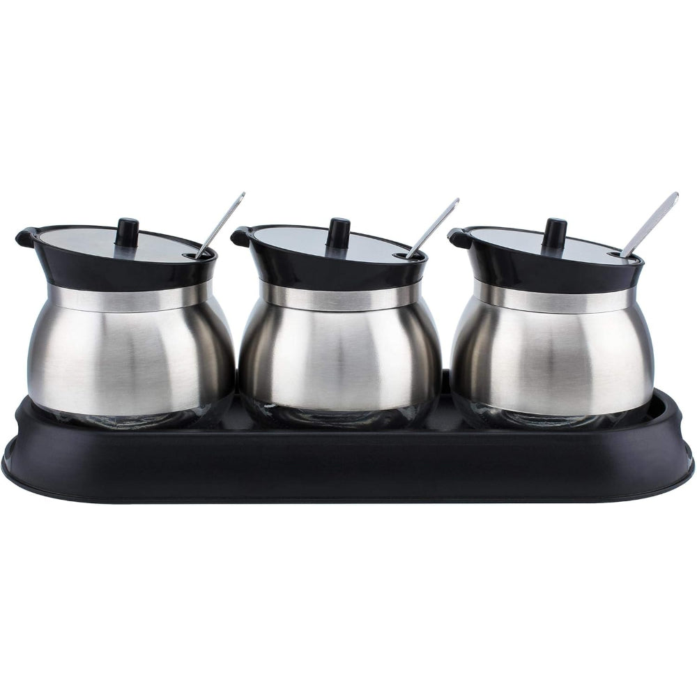 Cuisine Art Set of 3 Glass Spice Jar with Stainless Steel Shell and Spoon in Black Plastic Stand
