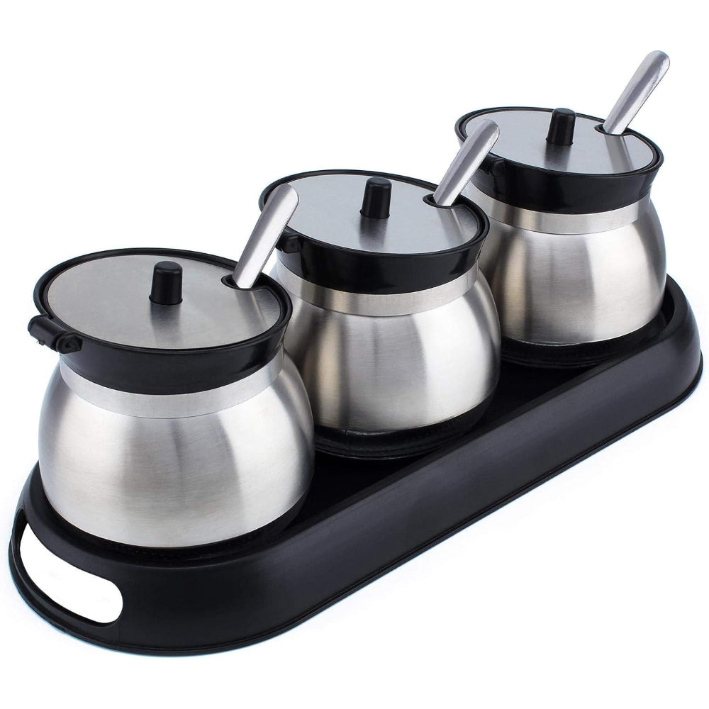 مجموعة فنون المطبخ من 3 برطمانات توابل زجاجية مع غطاء من الفولاذ المقاوم للصدأ وملعقة في حامل بلاستيكي أسود