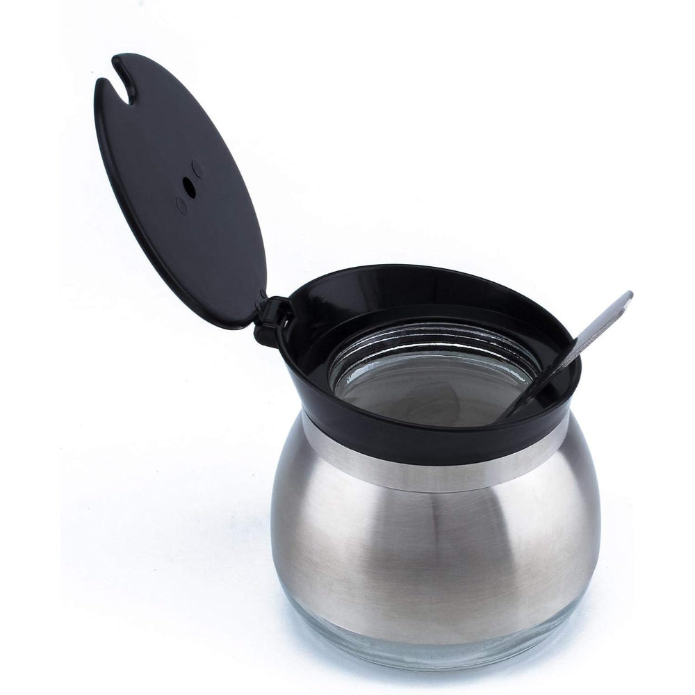 مجموعة فنون المطبخ من 3 برطمانات توابل زجاجية مع غطاء من الفولاذ المقاوم للصدأ وملعقة في حامل بلاستيكي أسود