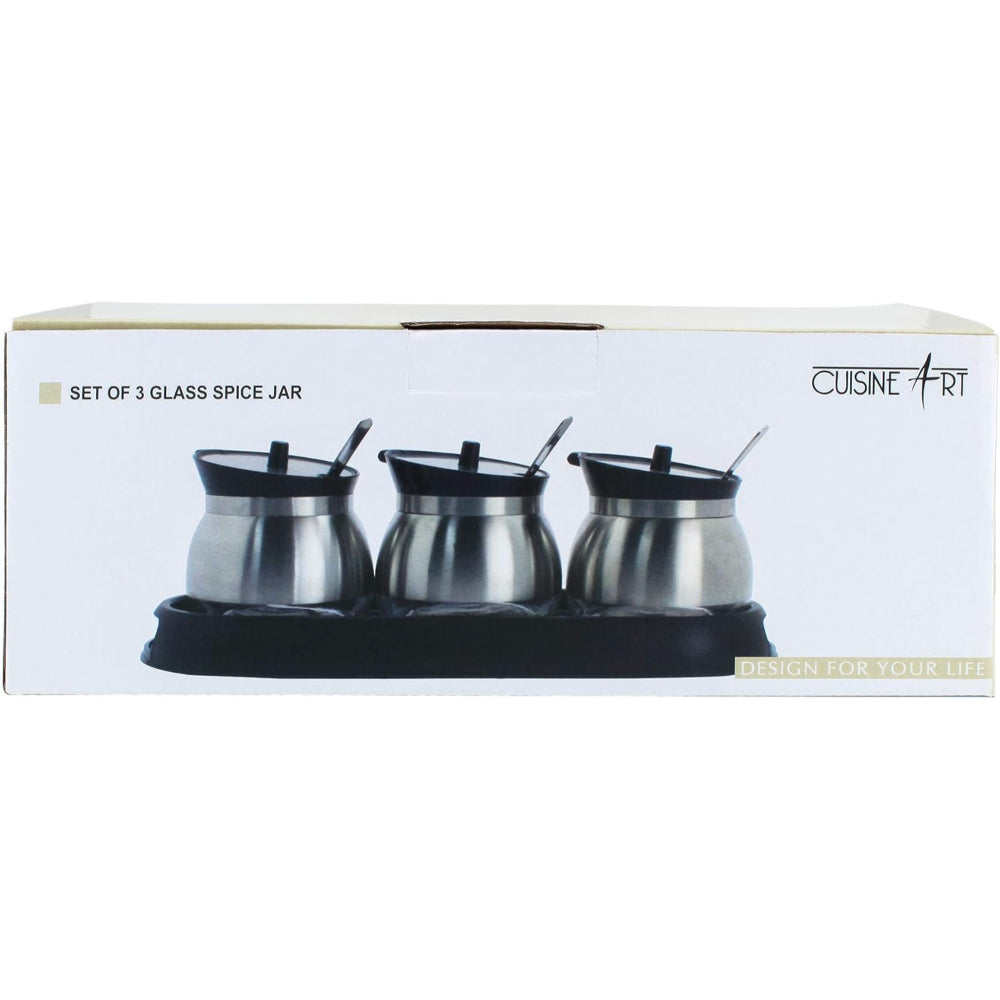 مجموعة فنون المطبخ من 3 برطمانات توابل زجاجية مع غطاء من الفولاذ المقاوم للصدأ وملعقة في حامل بلاستيكي أسود