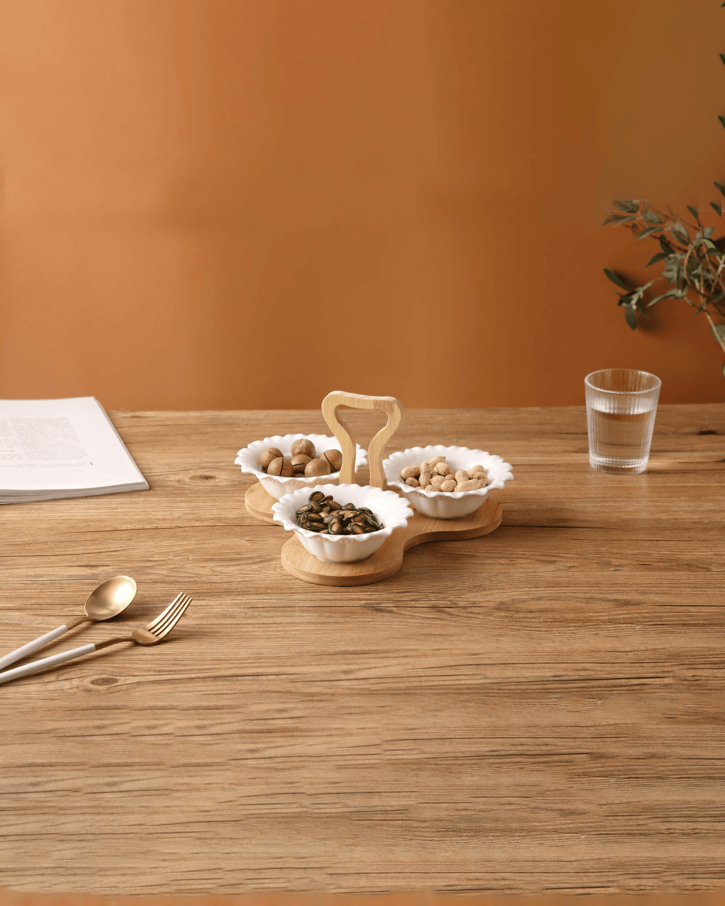 Shallow Porcelain Bowls with Bamboo Stand