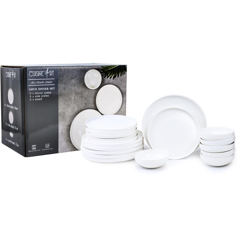 طقم عشاء بيلا بون تشاينا من كويزين آرت لكل وجبة - 18 قطعة | 6 أطباق عشاء (القطر 26.4 سم) 6 أطباق جانبية، 6 أوعية (القطر 13.3 × الارتفاع 4.7 سم) أبيض | أطباق أنيقة لتناول الطعام اليومي والمناسبات الخاصة
