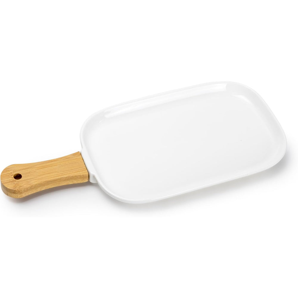 طبق سيراميك بورسلين ضحل بمقبض من الخيزران - أدوات مائدة فاخرة، 35×15×2.3 سم، أبيض - بني