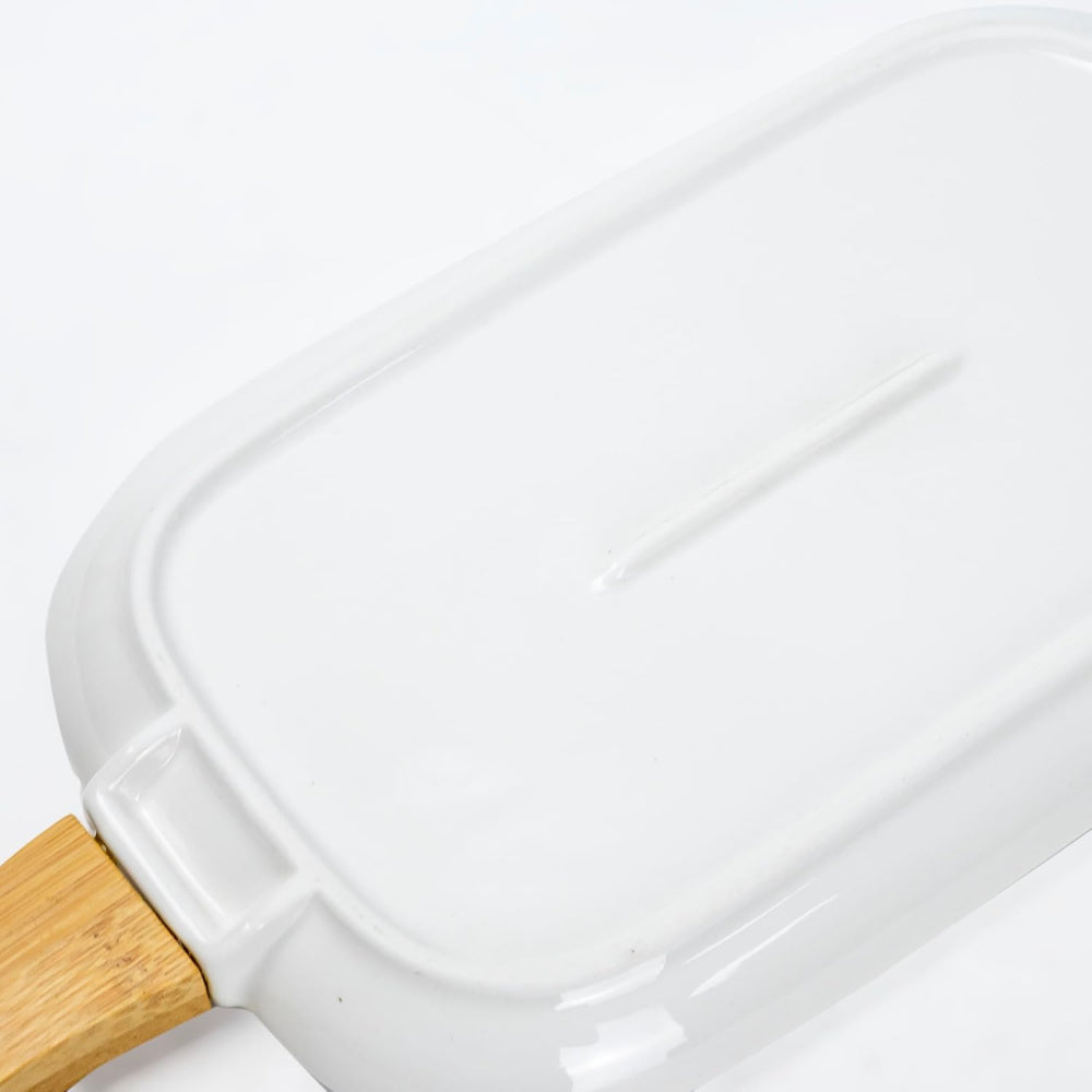 طبق سيراميك بورسلين ضحل بمقبض من الخيزران - أدوات مائدة فاخرة، 35×15×2.3 سم، أبيض - بني