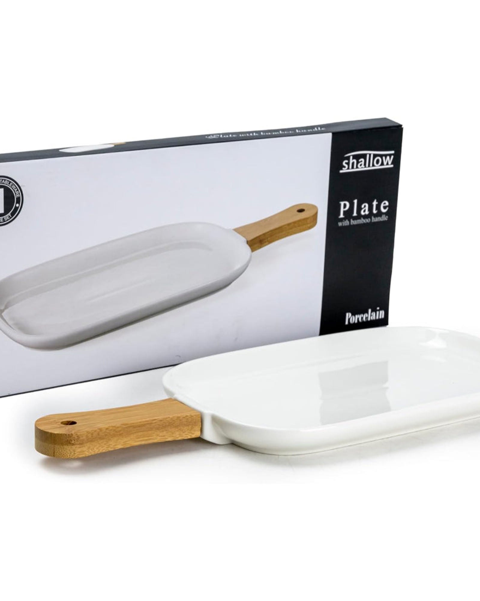 طبق سيراميك بورسلين ضحل بمقبض من الخيزران - أدوات مائدة فاخرة، 35×15×2.3 سم، أبيض - بني