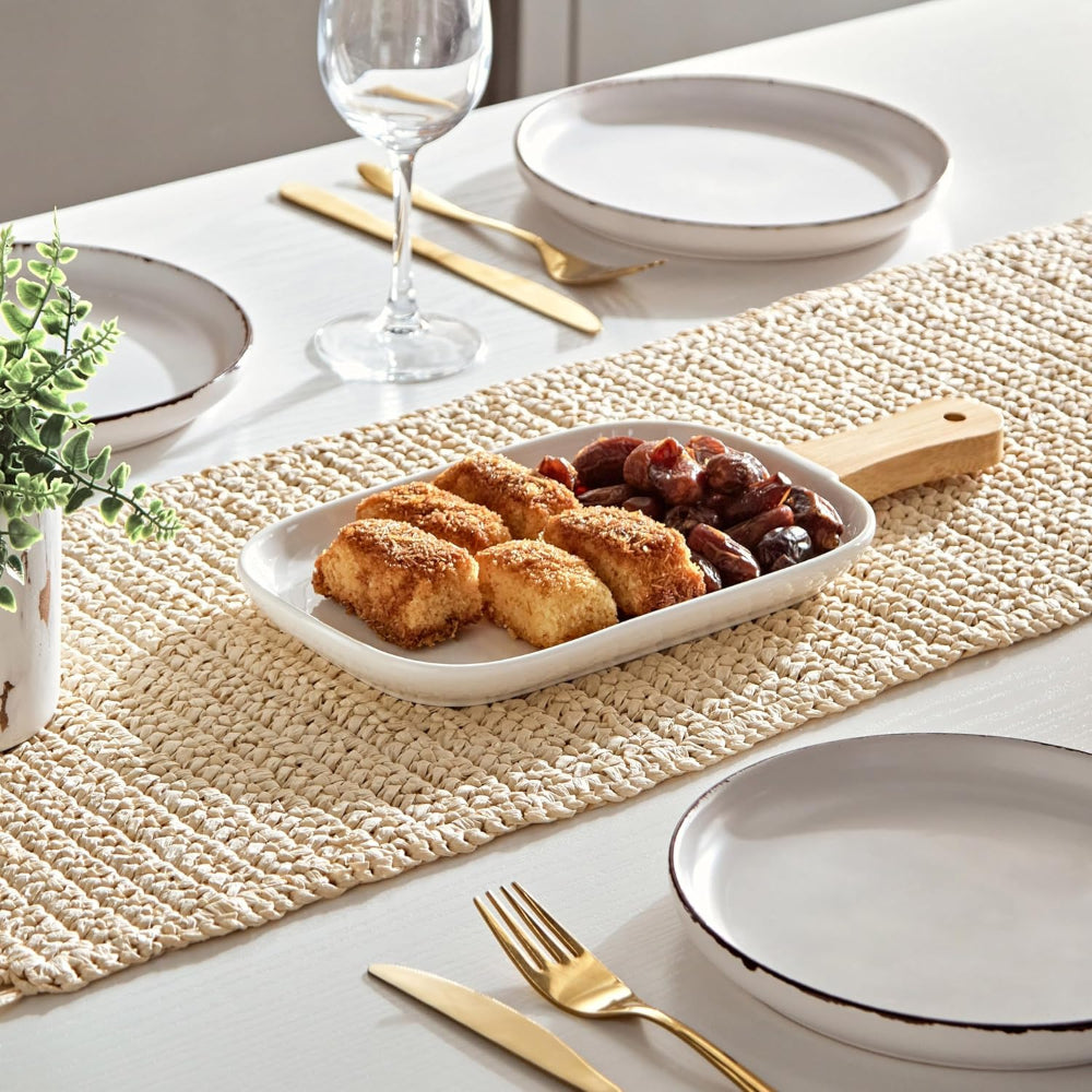 طبق سيراميك بورسلين ضحل بمقبض من الخيزران - أدوات مائدة فاخرة، 35×15×2.3 سم، أبيض - بني