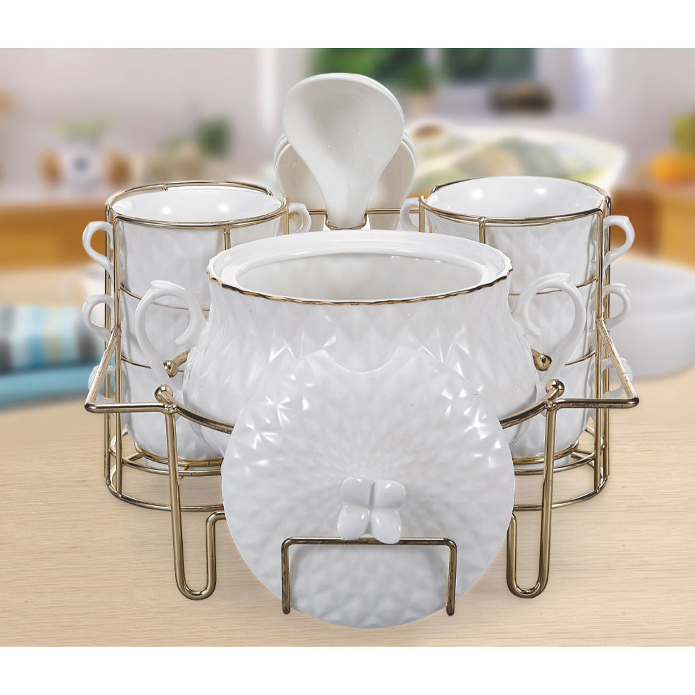 طقم حساء خزفي من 15 قطعة مع حامل ذهبي - أدوات عشاء أنيقة للتقديم