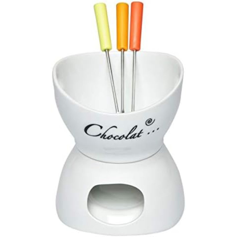 طقم فوندو بورسلين مسطح، أبيض - أدوات تقديم أنيقة للجبن والشوكولاتة وغيرها