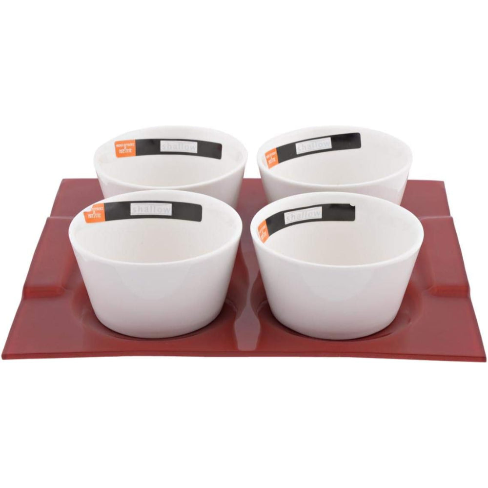 Shallow Porcelain 5-Piece Serving Set, White and Red – Elegant Tableware with 4 Cups and Red Tray