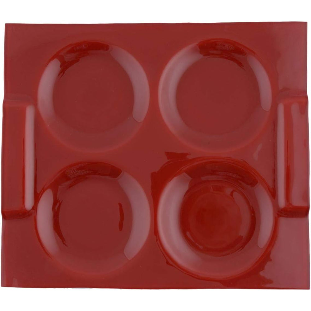 طقم تقديم من البورسلين الضحل، مكون من 5 قطع، باللونين الأبيض والأحمر - أدوات مائدة أنيقة مع 4 أكواب وصينية حمراء