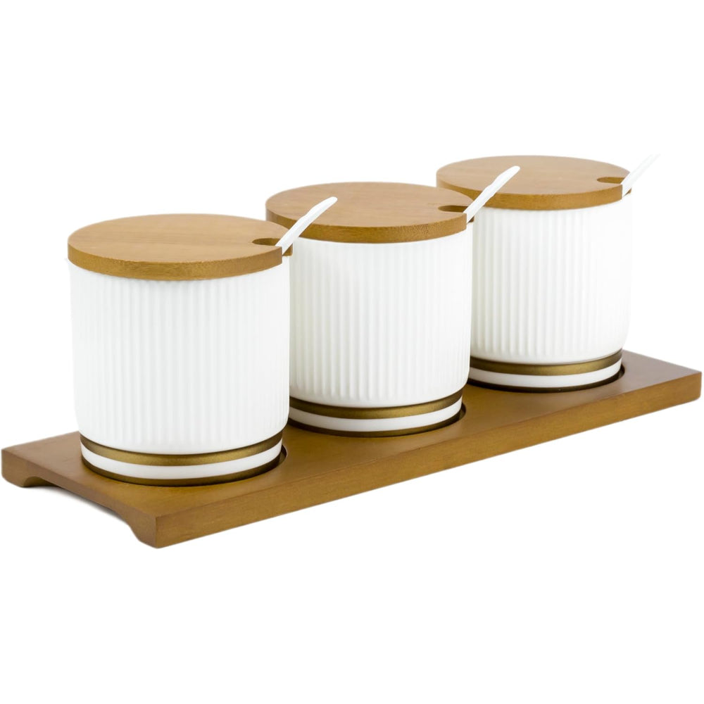 Shallow Porcelain New Verde 3-Compartment Condiment Set with Bamboo Tray - Elegant Tabletop Delight