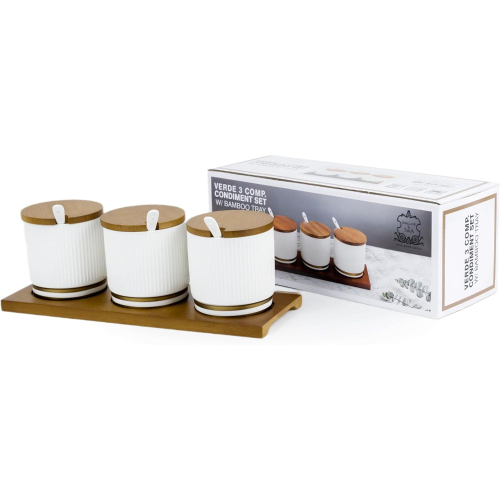 طقم توابل نيو فيردي من البورسلين الضحل بثلاث حجرات مع صينية من الخيزران - لمسة أنيقة على سطح الطاولة