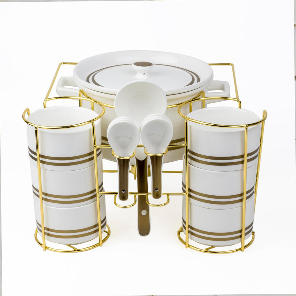 طقم حساء نيو فيردي من البورسلين الضحل، مكون من 16 قطعة مع حامل - طقم طعام أنيق