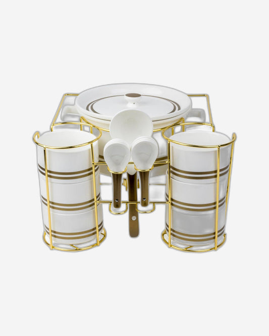 طقم حساء نيو فيردي من البورسلين الضحل، مكون من 16 قطعة مع حامل - طقم طعام أنيق