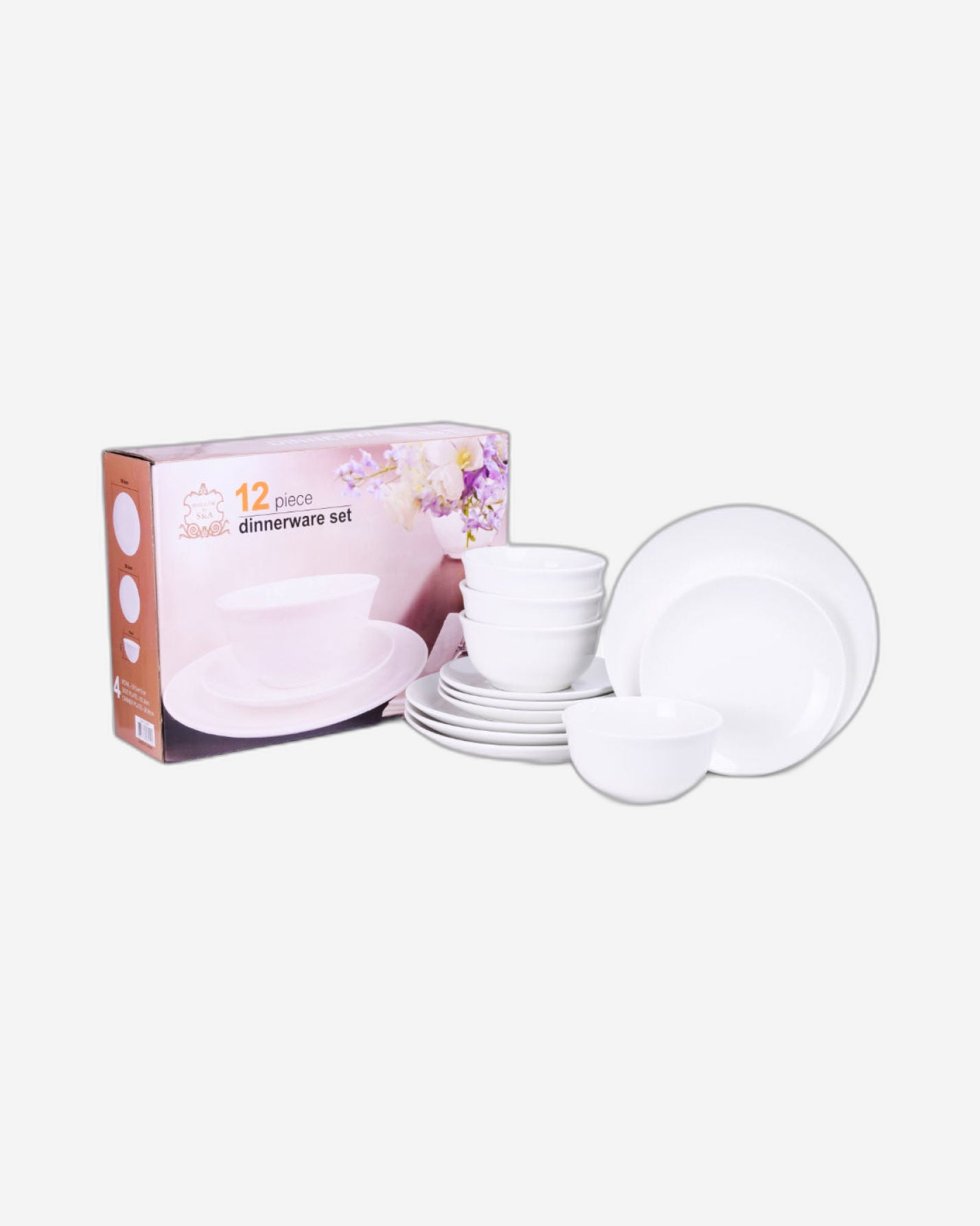 طقم عشاء بورسلين من شالو باي كوزين آرت، ١٢ قطعة - أواني خزفية أنيقة لأربعة أشخاص | يشمل أطباق عشاء ٢٦.٨ سم، وأطباق جانبية ٢٠ سم، وأوعية ١٥ سم، لون أبيض