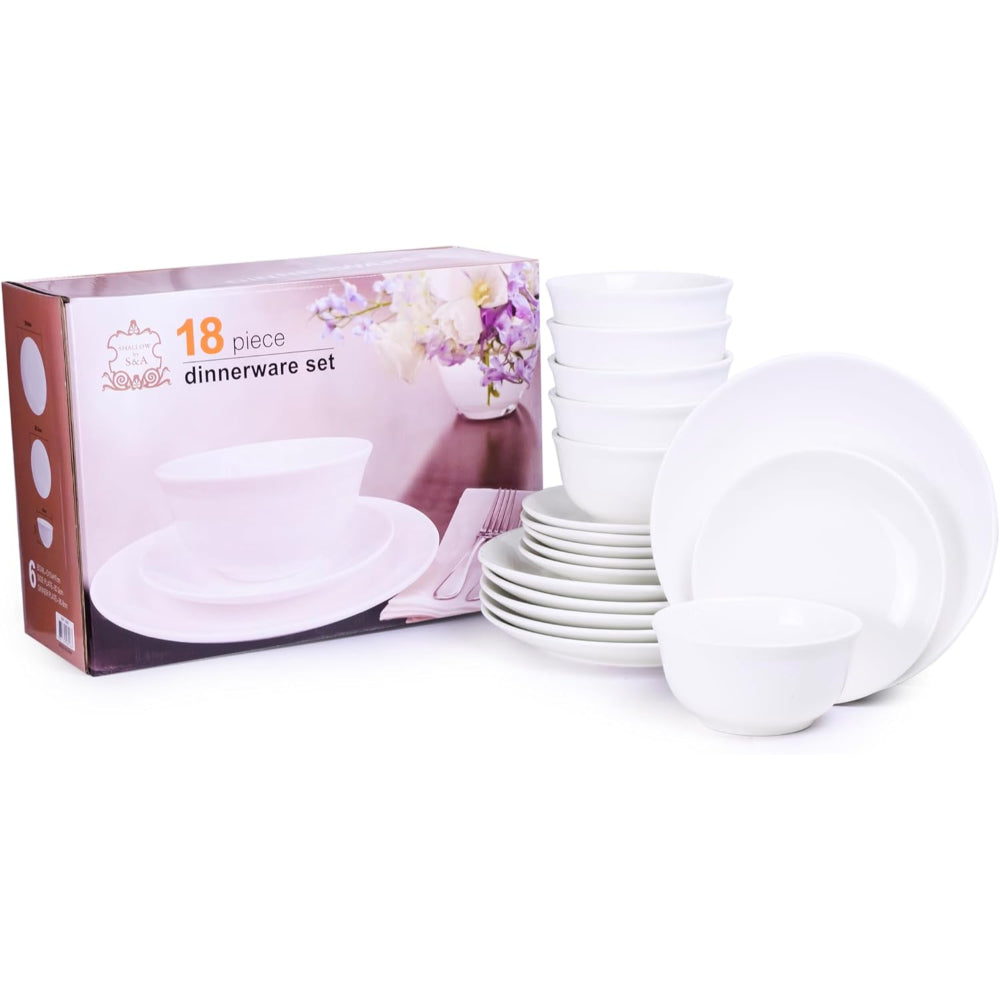 طقم عشاء بورسلين من شالو باي كوزين آرت، ١٨ قطعة - أواني خزفية أنيقة لستة أشخاص | يتضمن أطباق عشاء ٢٦.٨ سم، وأطباق جانبية ٢٠ سم، وأوعية ١٥ سم، لون أبيض