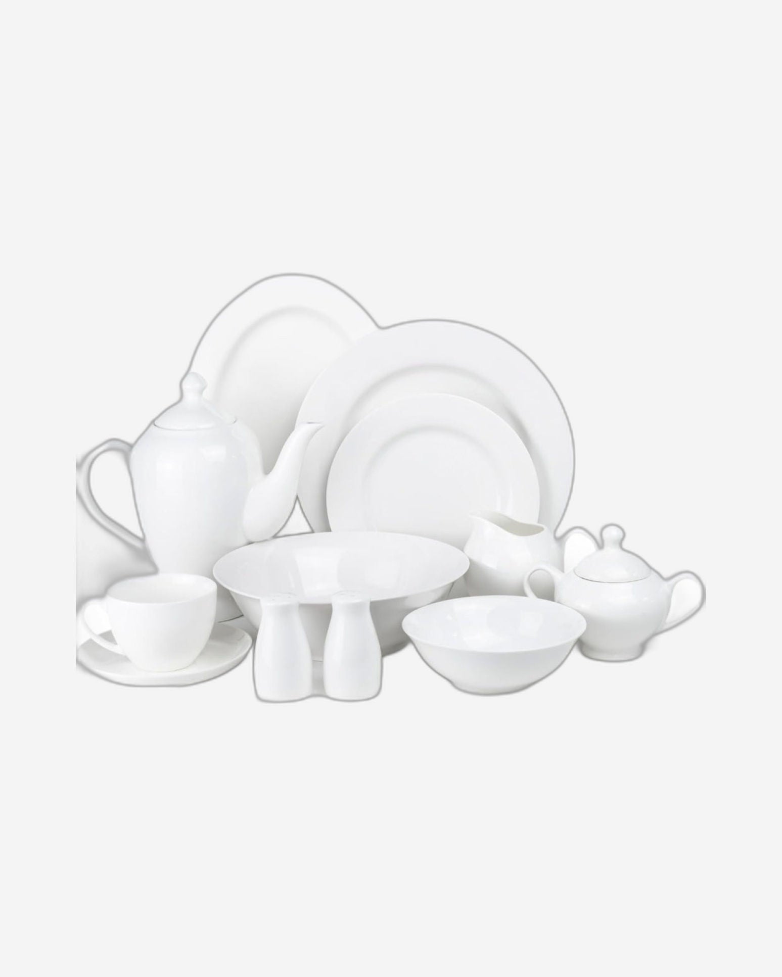 طقم عشاء من الخزف الصيني العظمي (47 قطعة) من كويزين آرت، طقم عشاء أبيض لـ 8 أشخاص | أطباق عشاء، أطباق حلوى، أكواب شاي، أطباق، أوعية، وعاء سلطة، طبق بيضاوي، إبريق شاي، وعاء سكر، كريمة، هزازات ملح وفلفل