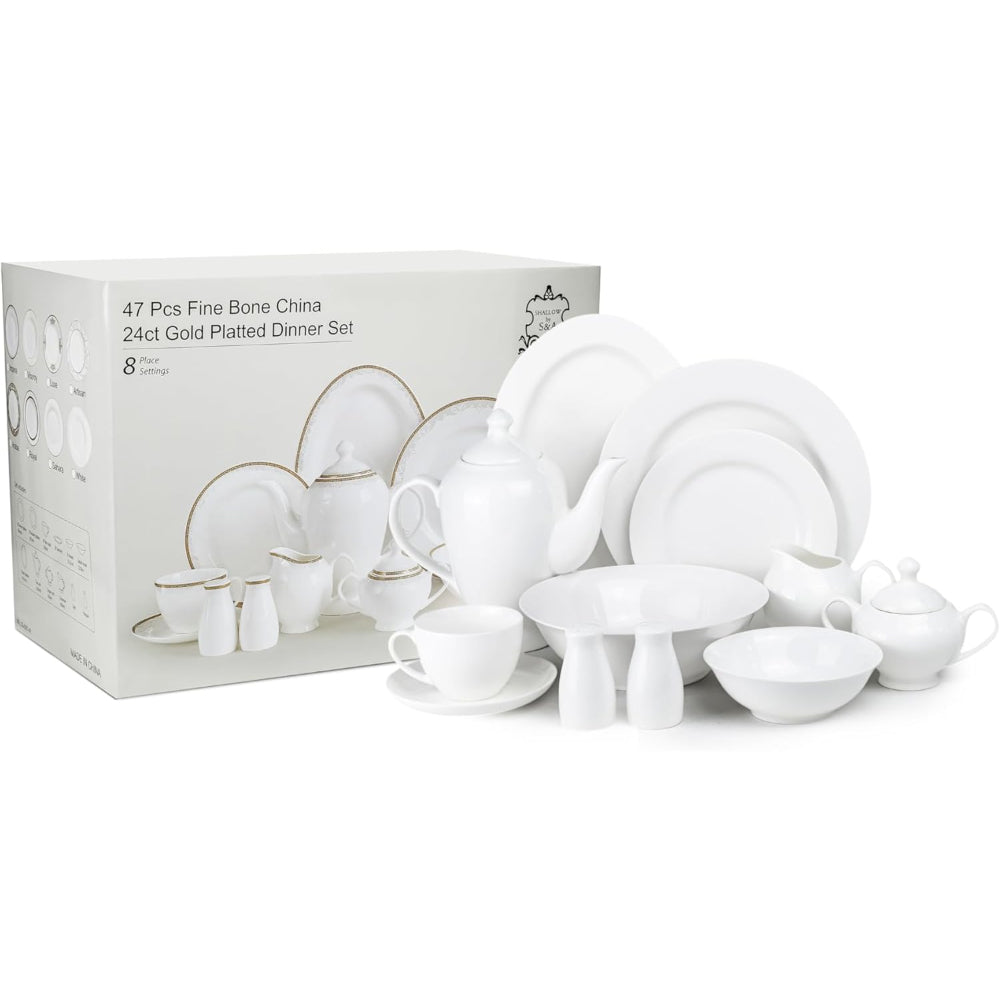 طقم عشاء من الخزف الصيني العظمي (47 قطعة) من كويزين آرت، طقم عشاء أبيض لـ 8 أشخاص | أطباق عشاء، أطباق حلوى، أكواب شاي، أطباق، أوعية، وعاء سلطة، طبق بيضاوي، إبريق شاي، وعاء سكر، كريمة، هزازات ملح وفلفل