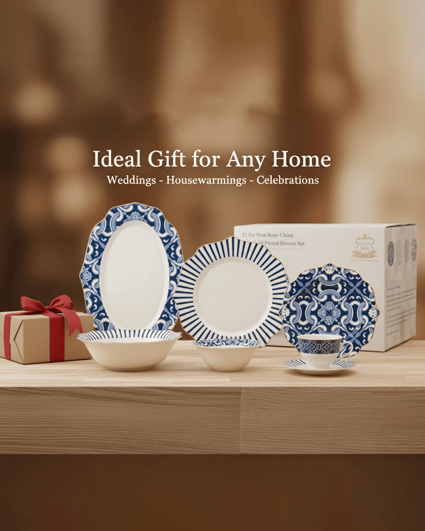 Shallow HEXTER Dinner Set 32 pcs White & Blue Pattern
