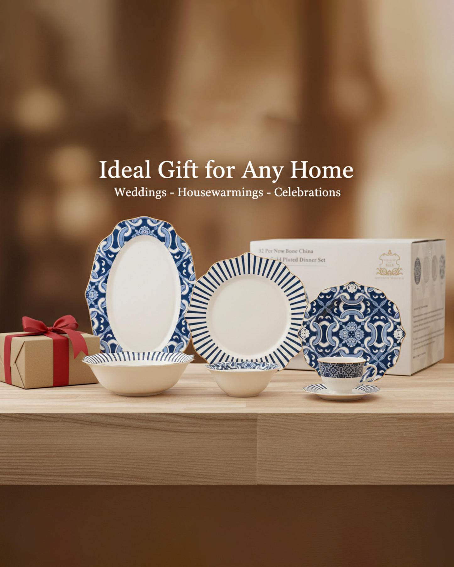 Shallow HEXTER Dinner Set 32 pcs White & Blue Pattern