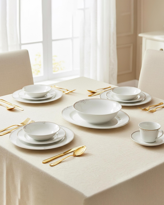Shallow ASMA Dinner Set 32 pcs White with Elegant Gold Rim
