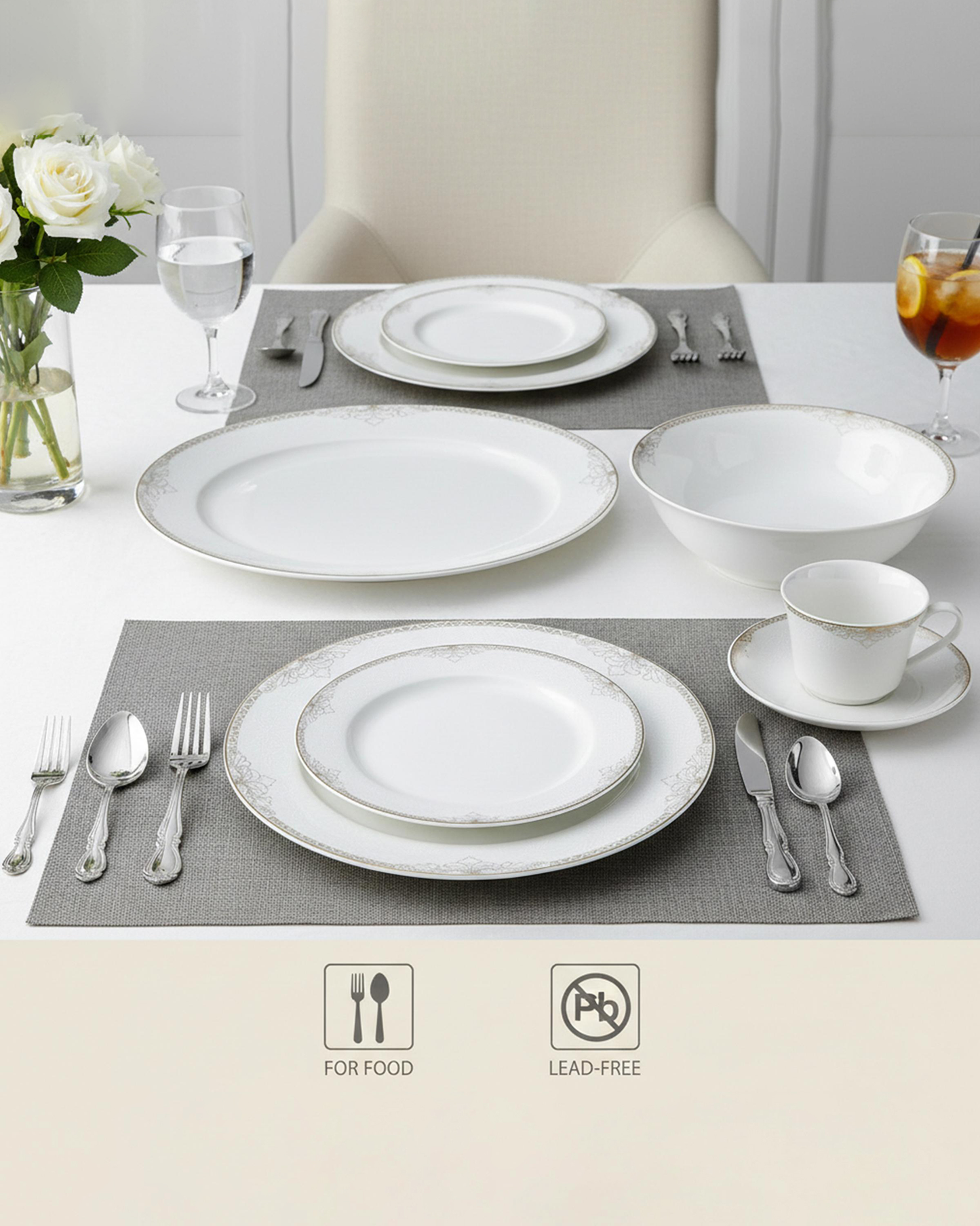 Shallow ASMA Dinner Set 32 pcs White with Elegant Gold Rim