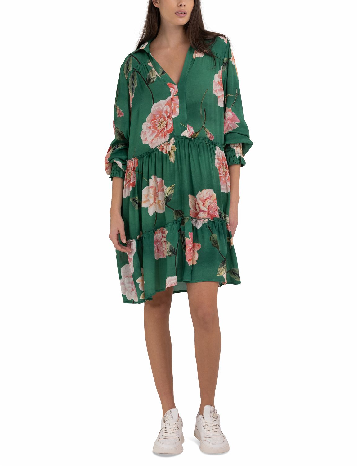 FRILLED SHIRT-DRESS WITH PEONIES PRINT