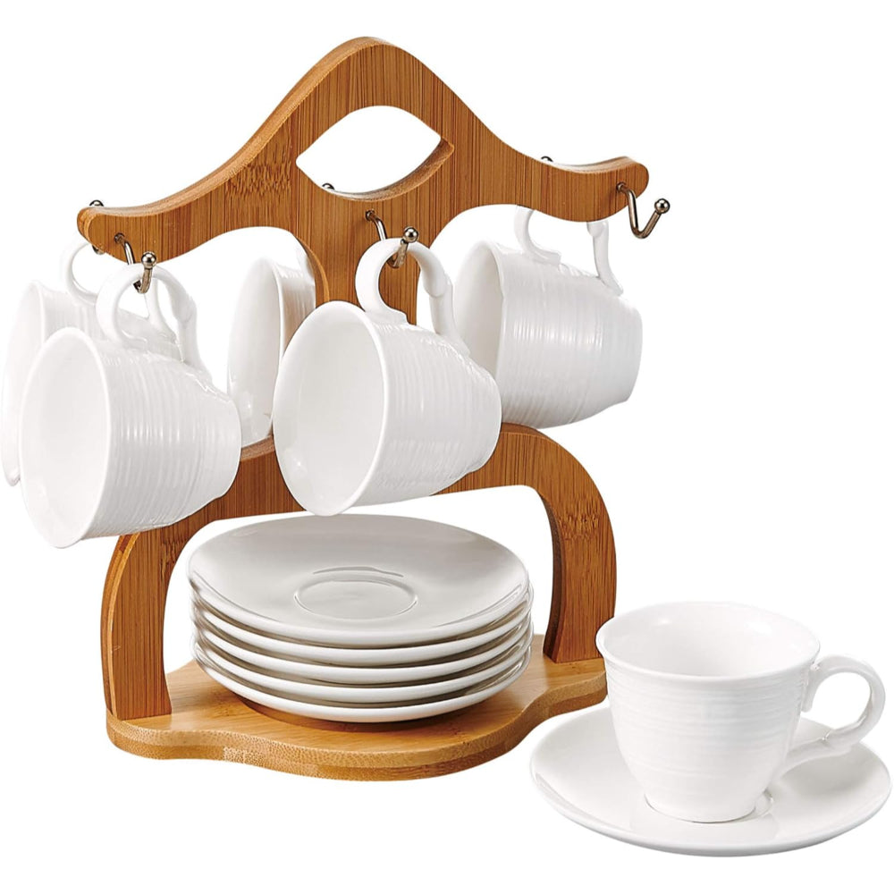 Shallow Porcelain Coffee Set with Bamboo Stand, 90ml, Elegant Coffee Cups and Saucer Set for Espresso, Tea, and More