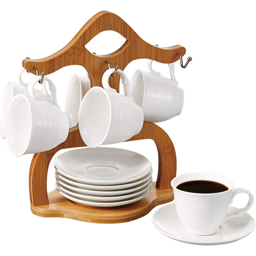 طقم قهوة من البورسلين الضحل مع حامل من الخيزران، سعة 90 مل، طقم أكواب قهوة أنيقة وصحون للإسبريسو والشاي والمزيد