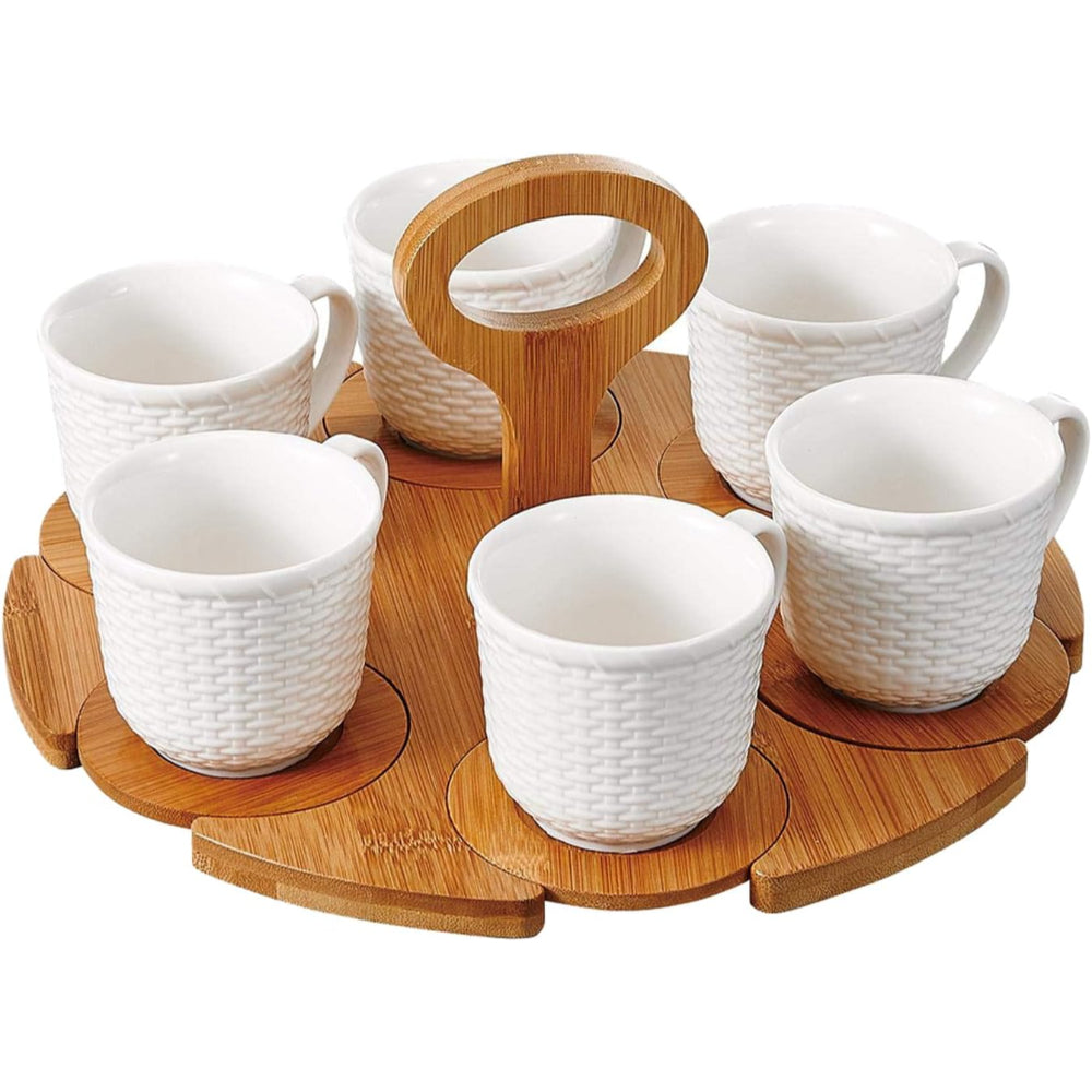 Shallow Tea Set with 6 Porcelain Cups, Bamboo Saucers & Stand, 180ml, Elegant Tea Set for Serving, Tea Parties & More