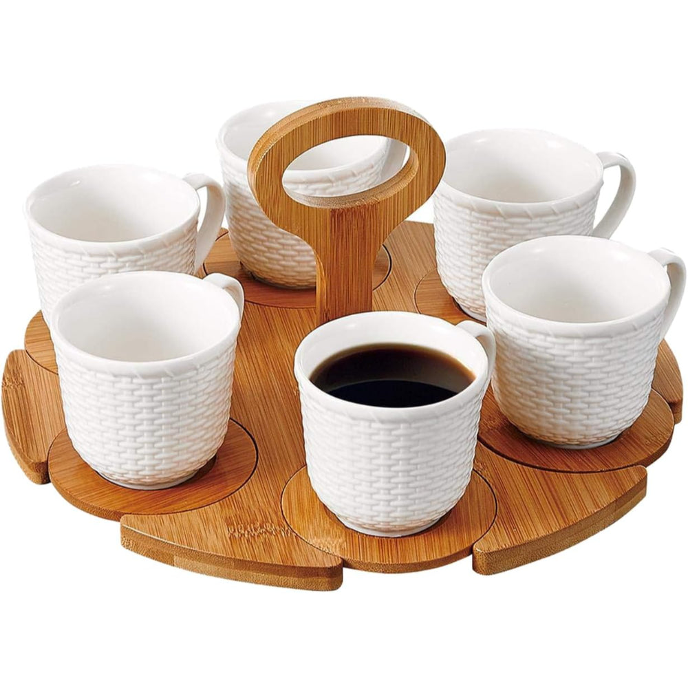 طقم شاي ضحل مع 6 أكواب خزفية وصحون من الخيزران وحامل، سعة 180 مل، طقم شاي أنيق للتقديم وحفلات الشاي والمزيد
