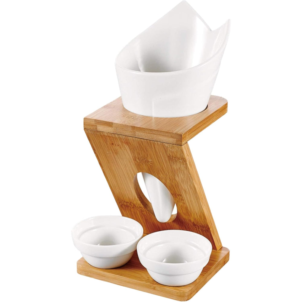 Shallow Fries Holder with 2 Sauce Dips & Bamboo Holder, 25 cm, Stylish and Practical Fry Serving Set for Snacks, Fries, and Sauces
