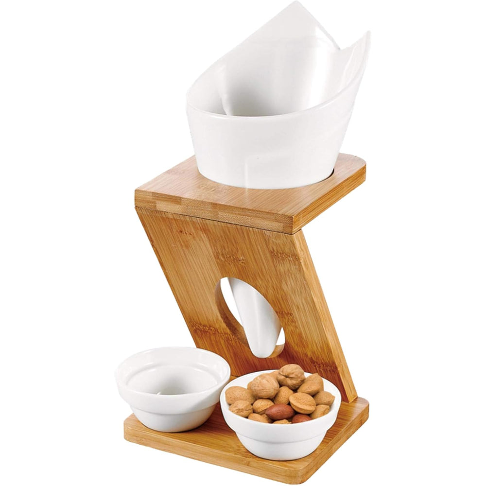 حامل بطاطس مقلية سطحي مع 2 صلصة وحامل من الخيزران، 25 سم، مجموعة أنيقة وعملية لتقديم البطاطس المقلية للوجبات الخفيفة والبطاطس المقلية والصلصات