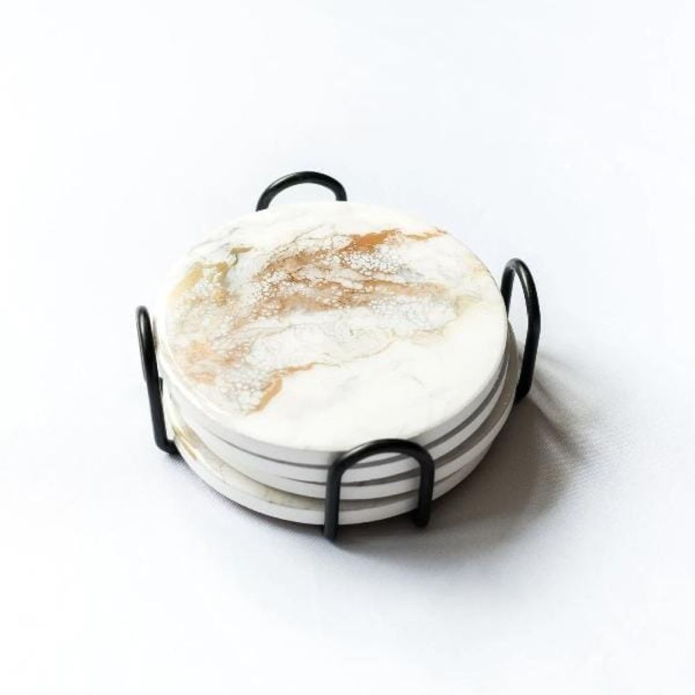 4 PIECE PRINTED CERAMIC COASTER SET WITH STAND