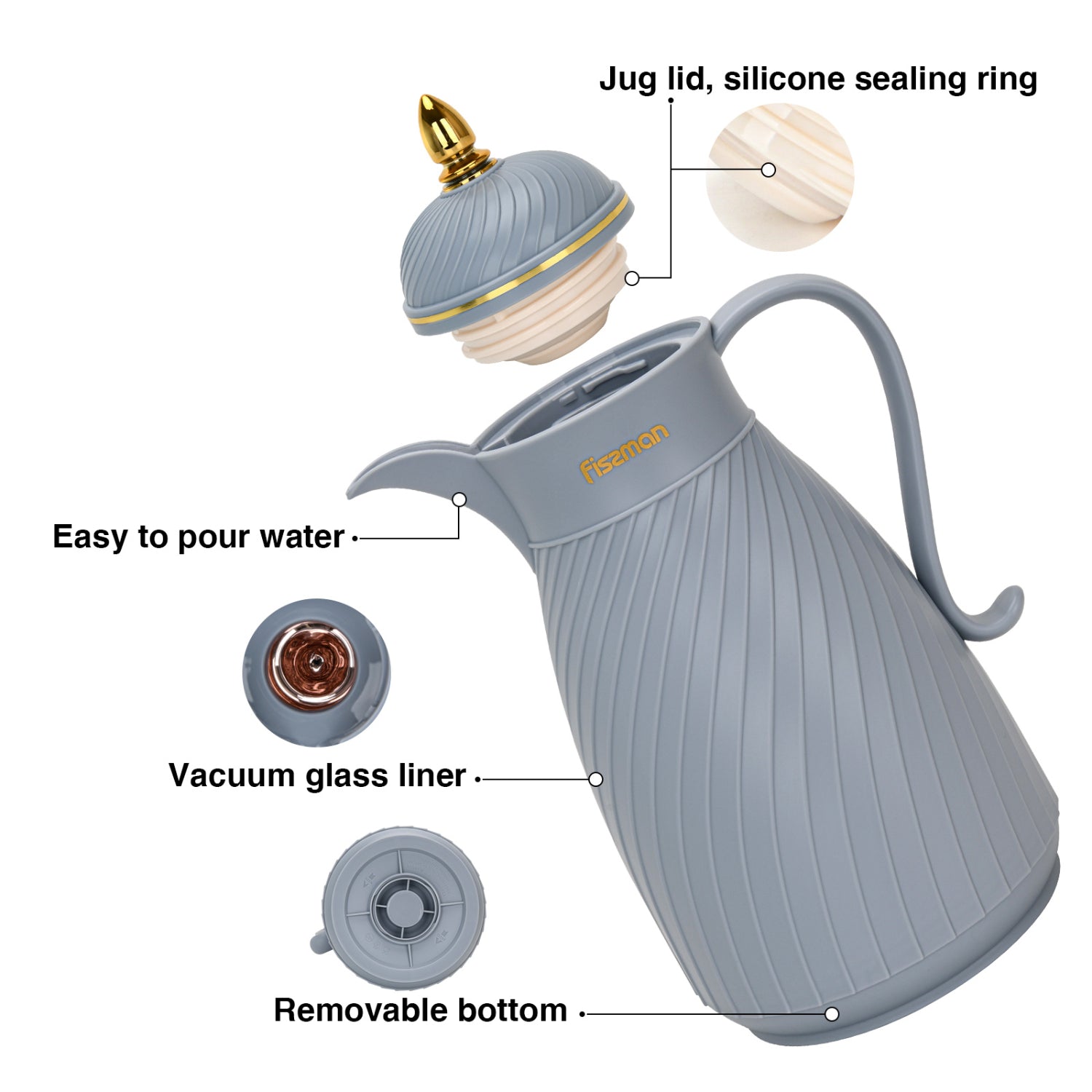 إبريق فيسمان المعزول بالتفريغ سعة 1000 مل مع علبة بلاستيكية وزجاج أزرق