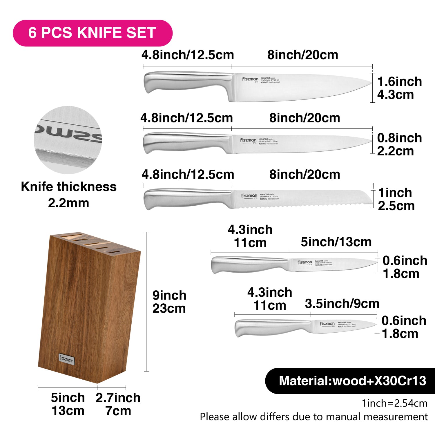 طقم سكاكين فيسمان ناجاتومي من 6 قطع مع كتلة خشبية من خشب الأكاسيا من الفولاذ X30Cr13، سكين طاهٍ بطول 20 سم، سكين تقطيع بطول 20 سم، سكين خبز بطول 20 سم، سكين متعدد الاستخدامات بطول 13 سم، سكين تقطيع بطول 9 سم، طقم كامل مع حامل
