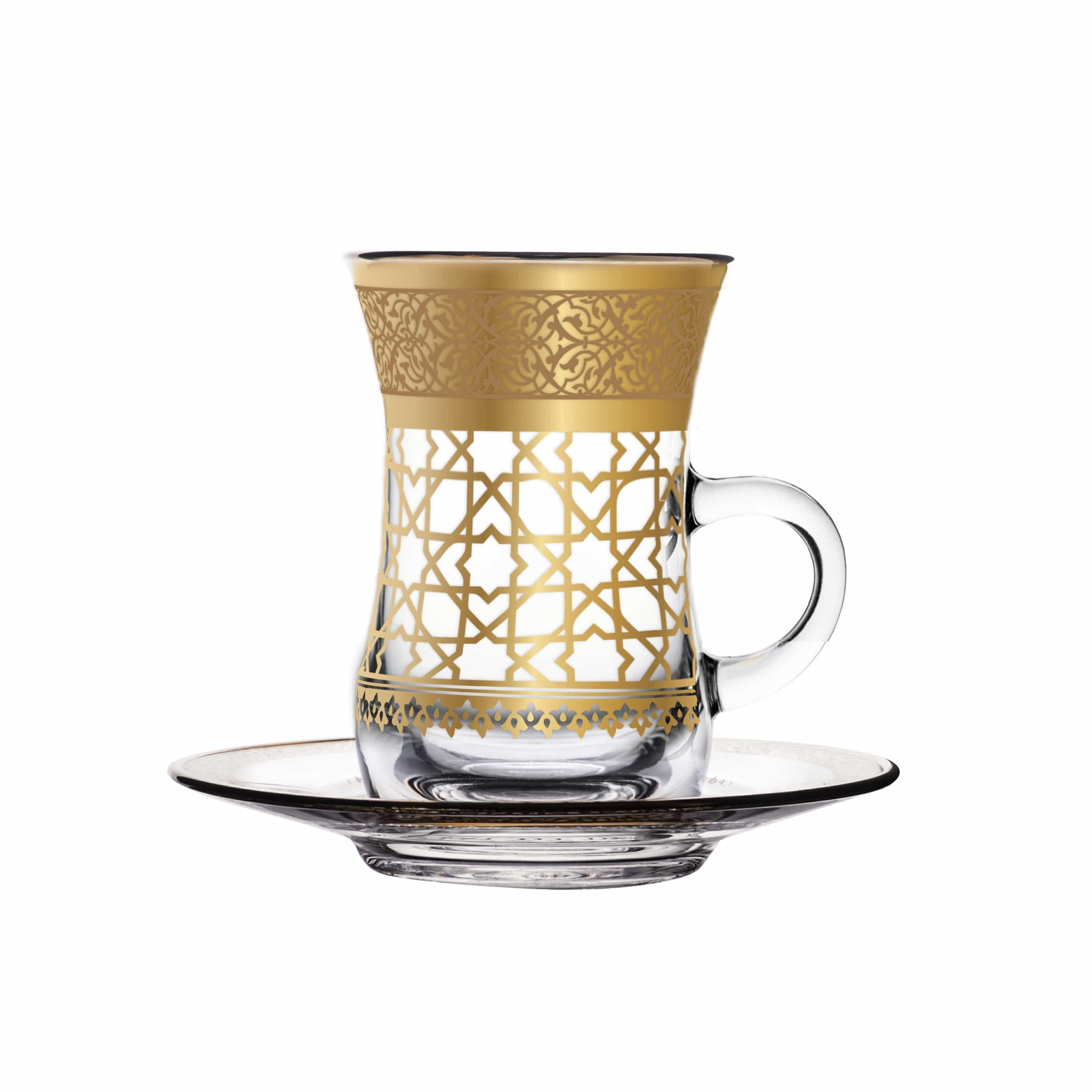 طقم ديملاج قرطبة مكون من 6 قطع استكانات شاي وصحون (ذهبي)