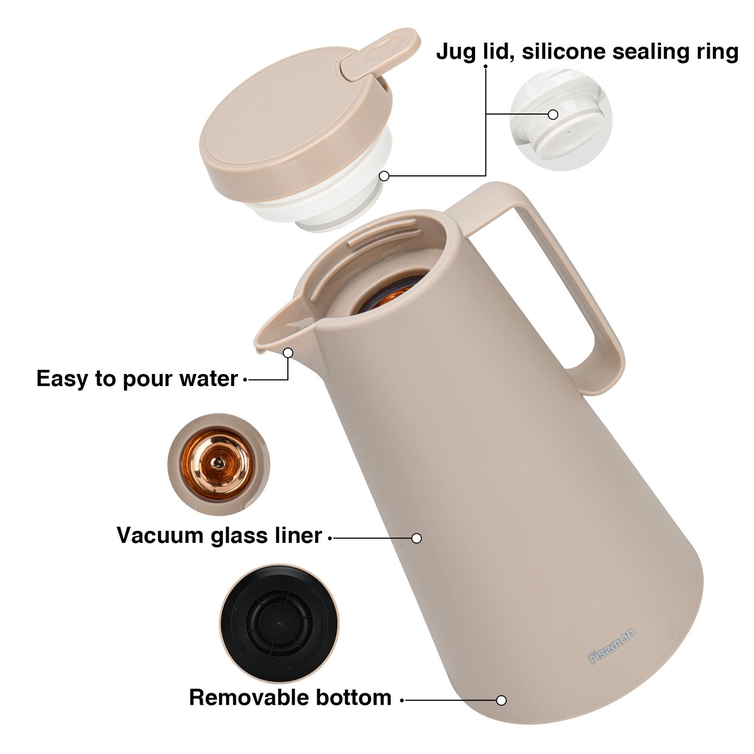 قارورة فيسمان المعزولة بالتفريغ، سعة 1000 مل، بلون كريمة الموكا، مع بطانة زجاجية وردية اللون